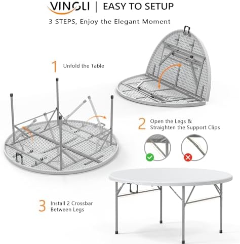 VINGLI White 5 FT Round Bi-Folding Commercial Table, 60 inch Portable Plastic Dining Card Table for Kitchen Party Wedding Event, 2-Pack