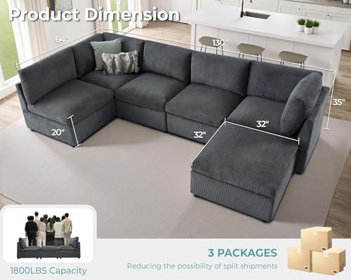 Jocisland Oversized Cloud Couch Sectional, U-Shaped Modular Couch, Gray