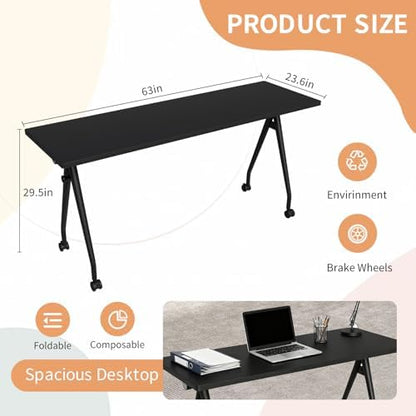 Folding Conference Table with Wheels, 8 Pack Modular Flip Top Conference Tables for Training Rooms, Mobile Modern Office Table, 63 Inch Large Conference Room Table, Black