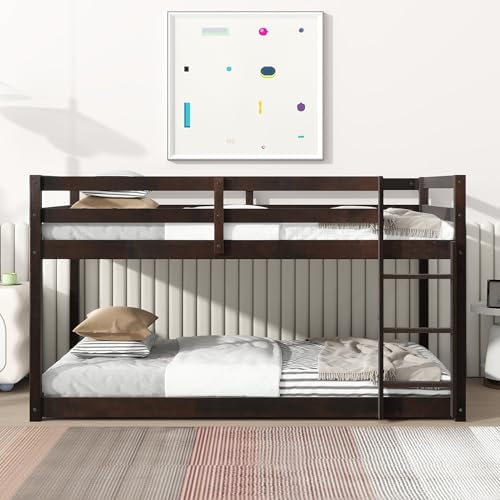 Merax Twin Over Twin Bunk Bed, Solid Rubber Wooden Twin Bunk Bed with Ladder, Espresso