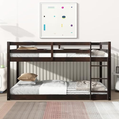 Merax Twin Over Twin Bunk Bed, Solid Rubber Wooden Twin Bunk Bed with Ladder, Espresso