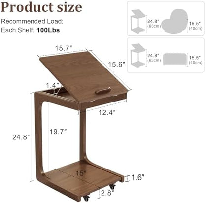 AQIMUELE Wooden C-Shaped End Table,Couch Table with Adjustable Desktop,Small Rolling Side Table with 2 Lockable Wheels,Small End Table for Couch, Living Room,Bedroom (Walnut)