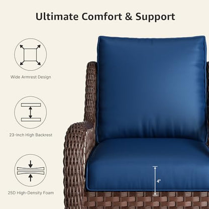 5 Piece Wicker Patio Furniture Set, Rattan Patio Chairs with High Back, Deep Seating, Wide Armrest, Thickened Cushions, Outdoor Furniture for Deck, Porch Use, Blue