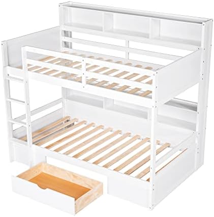 Twin Over Twin Bunk Bed with Built-in Shelves Beside Both Upper and Down Bed and Storage Drawer, Twin Size Wooden Bunk Bed with Guardrails and Ladder