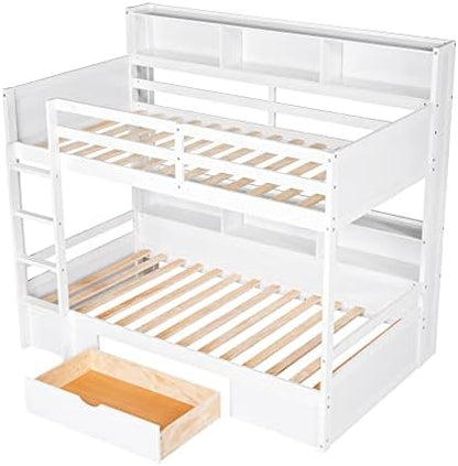 Twin Over Twin Bunk Bed with Built-in Shelves Beside Both Upper and Down Bed and Storage Drawer, Twin Size Wooden Bunk Bed with Guardrails and Ladder