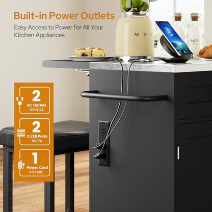 56'' Rolling Kitchen Island with Seating and Stainless Steel Countertop, Folding Drop Leaf, Bar Stool, Power Outlet, Spice/Towel Rack, Black
