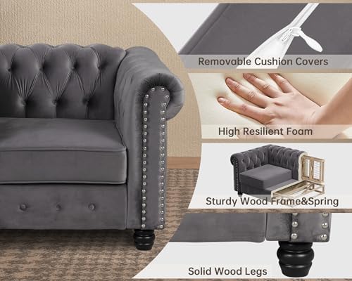 Morden Fort 3 Piece Classic Chesterfield Sofa Set, 2 Tufted Chairs & 3-Seater Sofa with Solid Wood Leg Thick Cushion, Pet-Friendly Couch Set Furniture for Living Room Bedroom Apartment, Velvet Grey