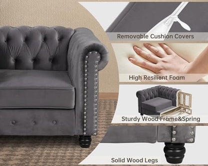 Morden Fort 3 Piece Classic Chesterfield Sofa Set, 2 Tufted Chairs & 3-Seater Sofa with Solid Wood Leg Thick Cushion, Pet-Friendly Couch Set Furniture for Living Room Bedroom Apartment, Velvet Grey