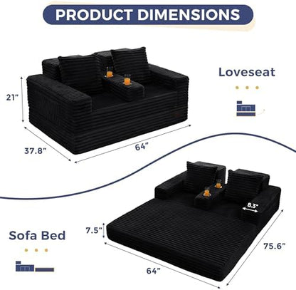 MAXYOYO Sofa Bed, 64-Inch Boneless Loveseat with 2 Cup Holders