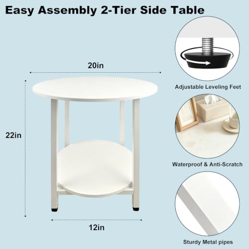 Lightdot White Round Side Table, 20" Small End Table with Storage Shelf, Bedside Table Night Stand, 2-Tier Accent Coffee Table for Living Room Bedroom Apartment Nursery Nightstand Modern Home Decor