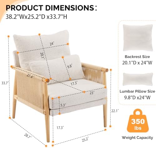 VINGLI Boho Braid Accent Armchair,Mid-Century Modern Chiar with Solid Wooden Armrest,Comfy Louge Cushion Chair with Waist Pillow for Bedroom,Living Room,Reading Room, Gray Beige