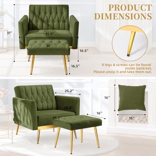 Velvet Accent Chair w/Ottoman & Adjustable Backrest, Olive Green