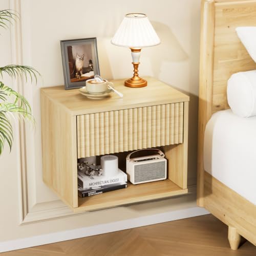 VINGLI Floating Nightstand Fluted Night Stand 1 Drawer Bed Side Table, Storage Oak Nightstand with Drawers, Wood Night Stand End Table for Bedroom, 15.75" W x 11.81" D x 12.83" H