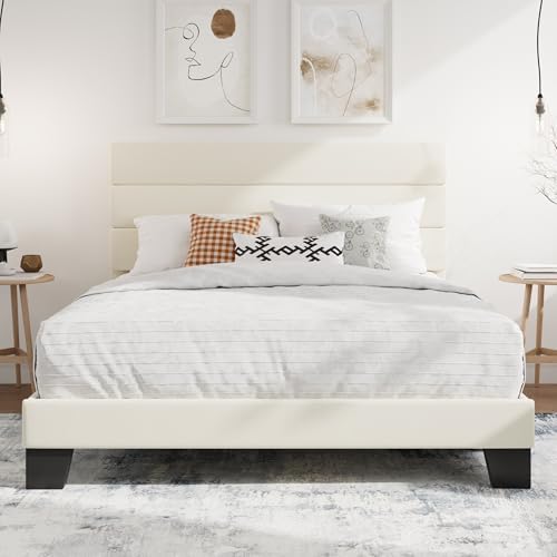SHA CERLIN Full Platform Bed Frame with Upholstered Velvet Headboard, Cream