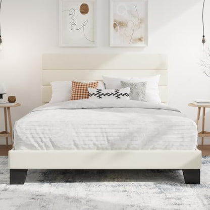 SHA CERLIN Full Platform Bed Frame with Upholstered Velvet Headboard, Cream