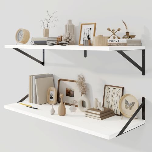 Floating Shelves, 36 x 12 Inches, Set of 2 Wall-Mounted Shelves with Metal Brackets, Decorative Wall Shelf for Living Room, Bedroom, Bathroom (White)