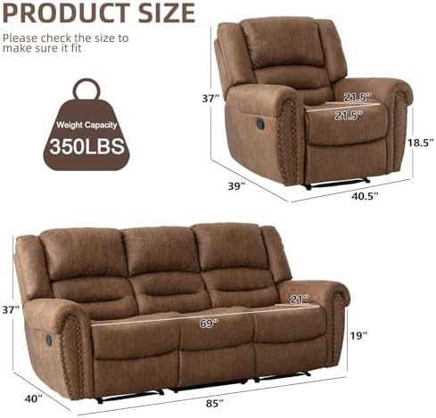 EBELLO Manual Recliner Sofa Set, Faux Leather Fabric Reclining Living Room Set, Included Single Recliner Chair and 3 Seat Manual Sofa, Brown