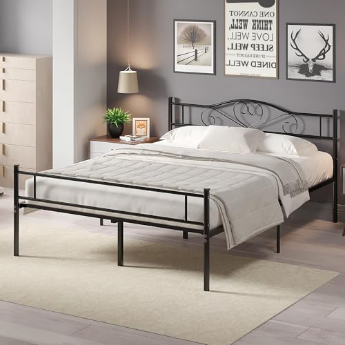 VECELO Queen Size Metal Platform Bed Frame with Headboard and Footboard, Heavy Duty Mattress Foundation with Steel Slats Support, No Box Spring Needed, Black