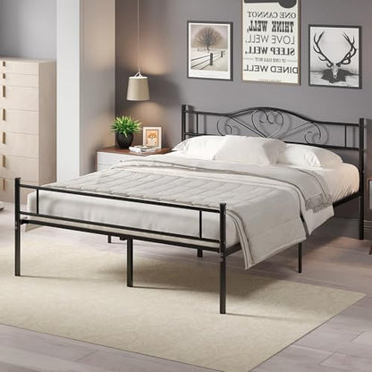 VECELO Queen Size Metal Platform Bed Frame with Headboard and Footboard, Heavy Duty Mattress Foundation with Steel Slats Support, No Box Spring Needed, Black