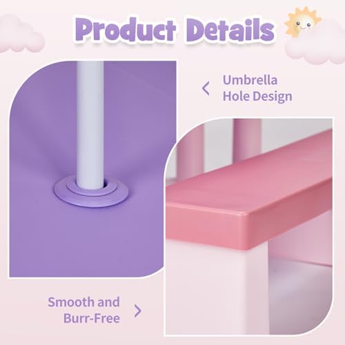 JOYMOR Kids Picnic Table with Removable Umbrella, Plastic Kids Activity Table for Outdoors, Toddler Table and Bench Set for Ages 3+, Ideal for Garden, Patio, Pink & Purple