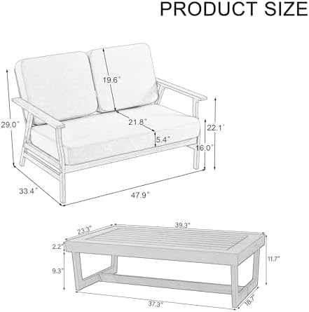 Pia Ricoo Outdoor Premium Teak Wood Loveseat with Armrests & Table, All‑Weather Outdoor Furniture for Backyard, Deck, Lawn, Light Camel/Dark