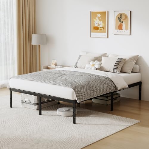 Queen Size Metal Platform Bed Frame 18 Inch Tall, No Box Spring Needed, Heavy Duty Sturdy Support, Underbed Storage Space, Easy Assembly, Black