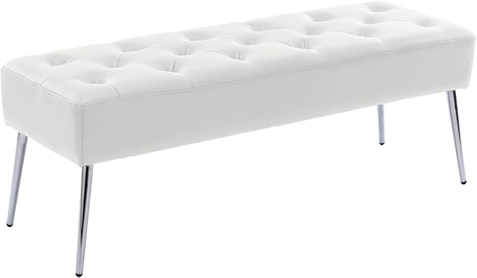 DUHOME Button-Tufted Ottoman Bench, Upholstered Footrest Stool Rectangular Dining Bench Leather Accent Bench for Entryway Dining Room Living Room Bedroom, White
