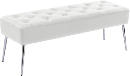 DUHOME Button-Tufted Ottoman Bench, Upholstered Footrest Stool Rectangular Dining Bench Leather Accent Bench for Entryway Dining Room Living Room Bedroom, White