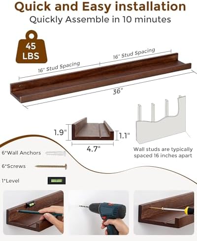 Oak Picture Ledge Shelf, 36 Inch Floating Shelves Set of 2, Solid Oak Wood Wall Shelves with Lip, Wall Decor Storage for Bedroom Living Room Bathroom Kitchen Nursery Photo Picture, Walnut