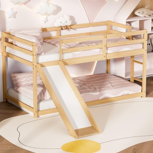 Low Bunk Bed with Slide, Floor Loft Bed with Climbing Ladder, Wood Twin Bunk Bed Frame with Full Guardrails & Storage Space for Kids Toddler