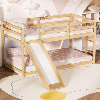 Low Bunk Bed with Slide, Floor Loft Bed with Climbing Ladder, Wood Twin Bunk Bed Frame with Full Guardrails & Storage Space for Kids Toddler