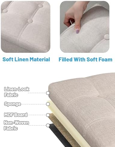 AmasSmile Ottoman with Storage,17" Folding Linen Foot Rest Chest,Beige
