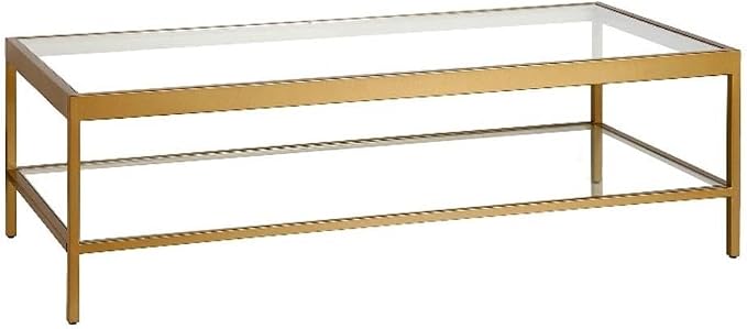 Henn&Hart 54" Wide Rectangular Coffee Table in Brass, Modern coffee tables for living room, studio apartment essentials | Open lower shelf adds practical storage while the glass design keeps spaces feeling bright