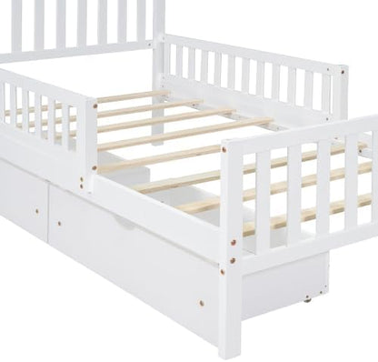 Bellemave Twin Size Kids Platform Bed with Fences and 2 Drawers, Wooden Twin Bed Frame with Guardrails on Both Sides for Boys Girls, White