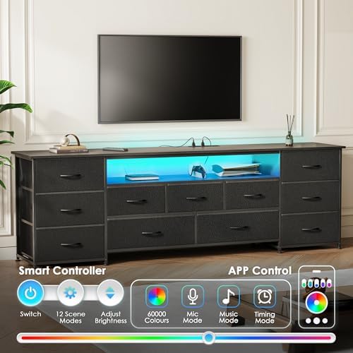 Huuger 70 Inch TV Stand for 75, 80 Inch TV, 11 Drawer Long Dresser with Power Outlets and LED Lights, Entertainment Center with Storage, Black Dresser with PU Leather Surface