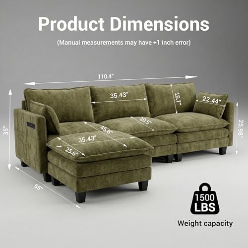 ZEIINPA L Shaped Modular Sectional Sofa with USB, 110.4" Comfy Upholstery Chenille Deep Seat Cloud Couch with Ottoman, Modern 4-Seat Couches for Living Room, Bedroom, Apartment, Green