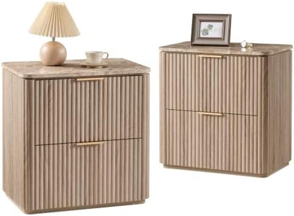 Curved Fluted Nightstand Set of 2 with Faux Marble Top, Natural Oak