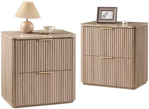 Curved Fluted Nightstand Set of 2 with Faux Marble Top, Natural Oak