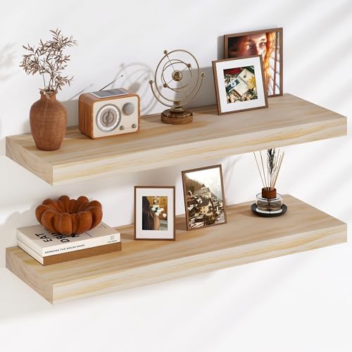 Floating Shelves, 9.3'' Deep Solid Pine Wood Wall Shelves for Storage, Wall Mounted Display Shelf with Invisible Heavy-Duty Metal Bracket, 36'' Width Set of 2, Unfinished - DIY Stain