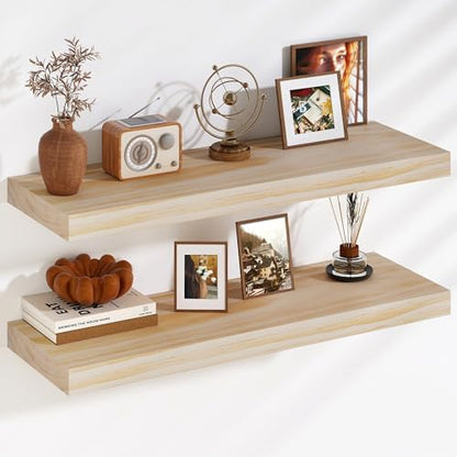 Floating Shelves, 9.3'' Deep Solid Pine Wood Wall Shelves for Storage, Wall Mounted Display Shelf with Invisible Heavy-Duty Metal Bracket, 36'' Width Set of 2, Unfinished - DIY Stain