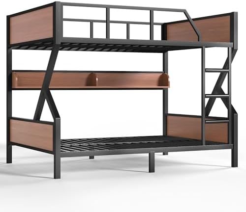 Full Over Full Bunk Bed with Storage Shelves, Black Twin Metal Bunk Bed Frame for Kids Teenagers Adults, Space Saving Design for Bedroom, Dorm & Apartment