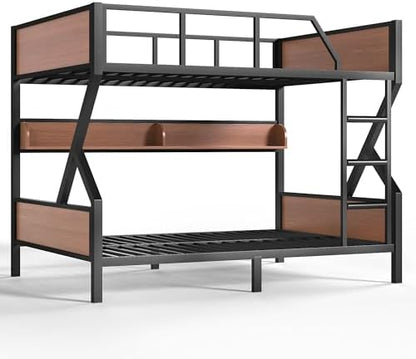 Full Over Full Bunk Bed with Storage Shelves, Black Twin Metal Bunk Bed Frame for Kids Teenagers Adults, Space Saving Design for Bedroom, Dorm & Apartment