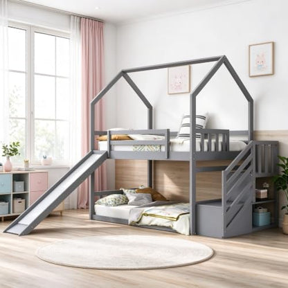 RuiSiSi Twin Over Twin Bunk Bed with Slide, Wood House Bunk Bed Frame with Staircase and Storage Shelves for Boys Girls, No Box Spring Needed, Nosie Free, Grey