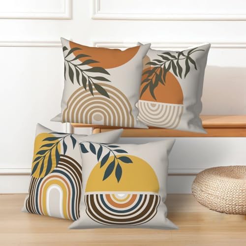 Abstract Geometric Boho Throw Pillow Covers 16"x16" Set of 4, Morden Minimalist Art Aesthetic Leaves Boho Pillowcase for Sofa Chair Couch Bed Living Room Office Garden Patio Farmhouse
