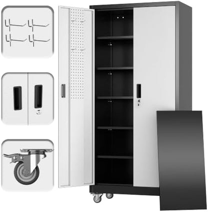 Metal Garage Storage Cabinets with Wheels,5 Adjustable Shelves 71"X34"X18"