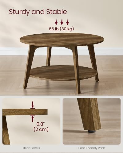 VASAGLE Round Coffee Table, 2-Tier Center Table with Storage, Tapered Legs