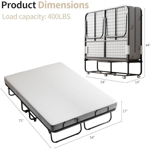 Folding Bed with 5" Memory Mattress, 75"×54" Full Size Double Portable Bed for Adults, Roll Away Foldable Beds on Wheels for Guest,Hideaway,Save Space