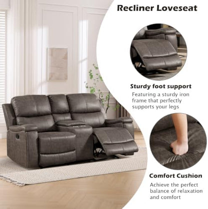 CANMOV Faux Leather Manual Reclining Sofa Set, 2 Manual Single Recliner Chairs and 2 Seat Recliner Loveseat with Center Console, Hidden Storage and Cup Holders for Living Room,Bedroom Furniture,Grey