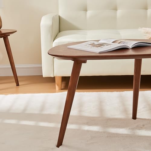Low Oval Coffee Table;Mid Century Modern Style Centre Table;Solid Wood Living Room Furniture;Modern Sofa Coffee Side Table;Cocktail Table-Rubber Wood-Walnut