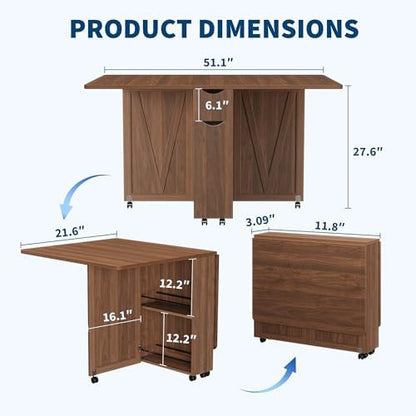 IDEALHOUSE Folding Dining Table, Folding Kitchen Table with Drawers and Storage, Apartments, Small Spaces, Brown